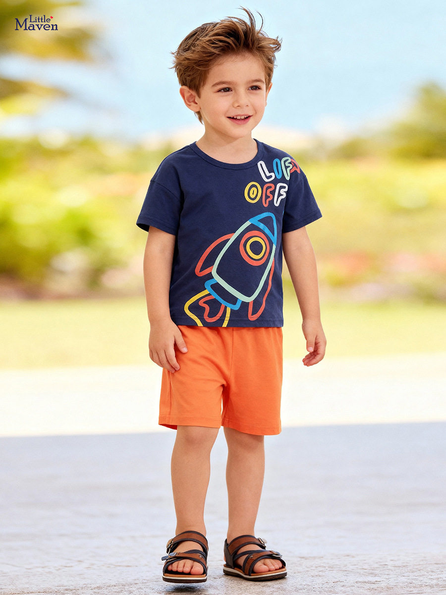 Children's Clothing Dropshipping & Distribution, Summer Short-sleeve Boys' Set, Cartoon Rocket Kids' Set Wholesale