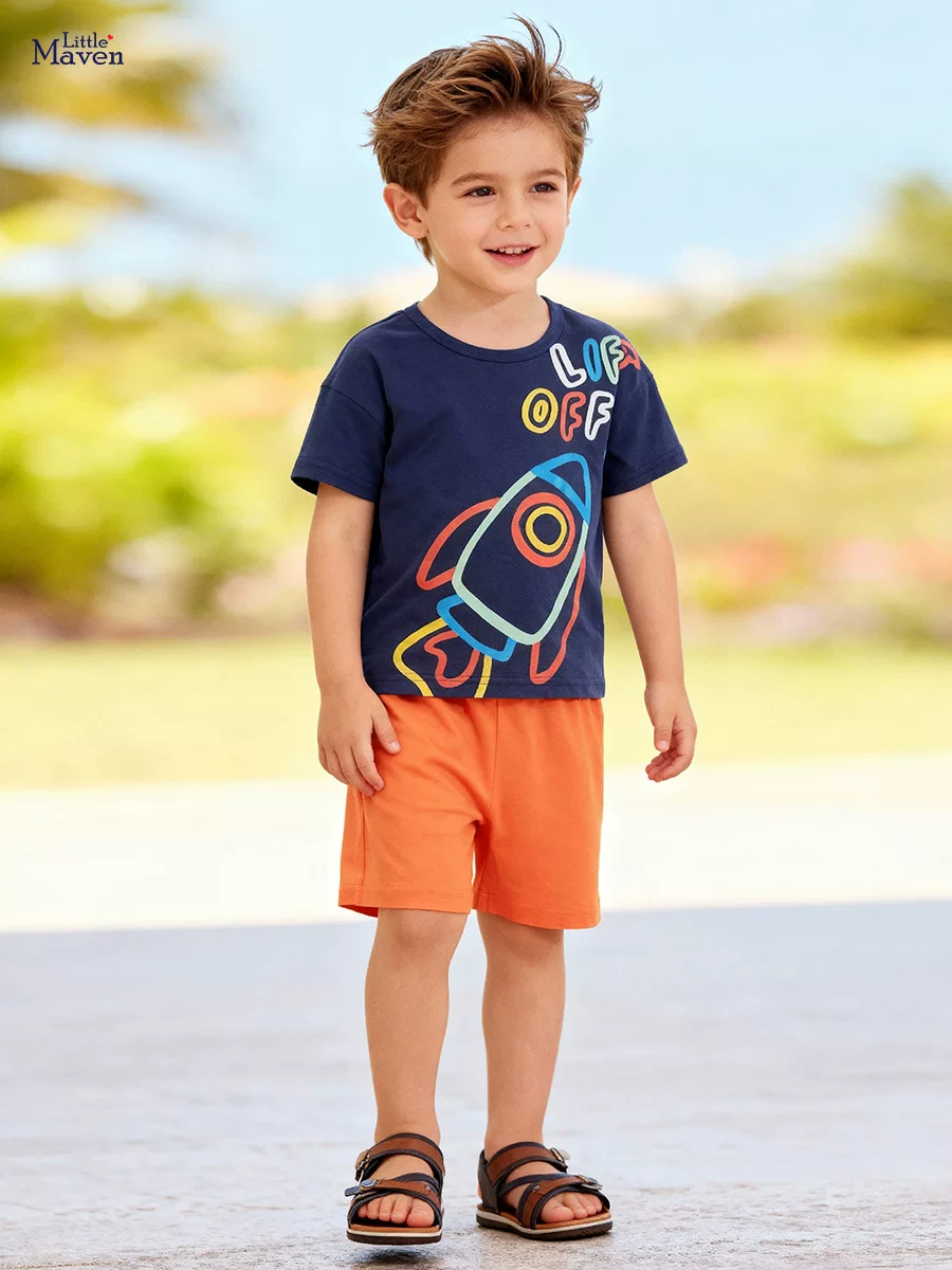 Children's Clothing Dropshipping & Distribution, Summer Short-sleeve Boys' Set, Cartoon Rocket Kids' Set Wholesale