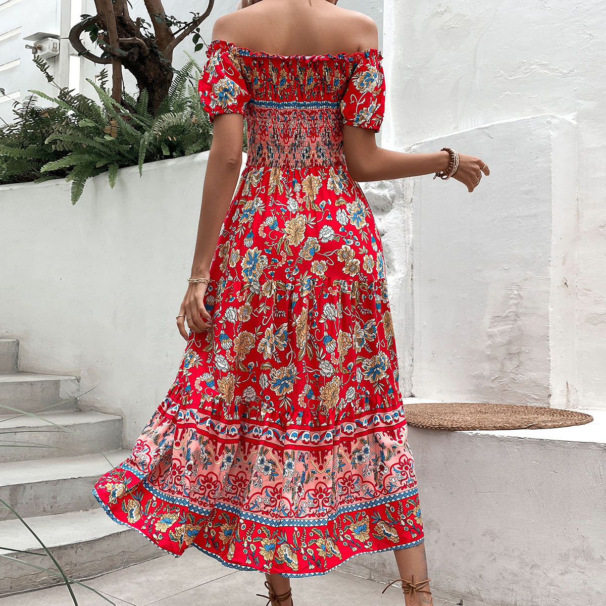 Vintage Bohemian Off Shoulder Printed Dress Summer Vacation Style Lightweight Fabric Comfortable Fit Wholesale