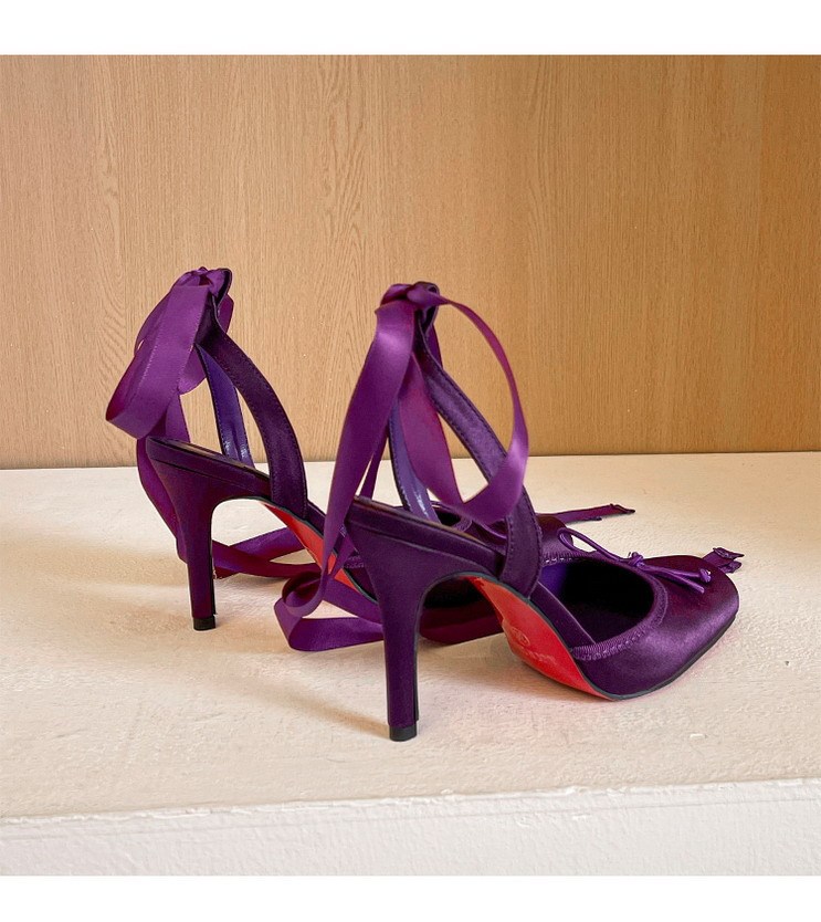 Giày cao gót nữ mũi vuông phong cách ballet, thắt nơ ren quai buộc, đế nhọn mặt satin — màu đen, màu đỏ, Màu tím, Rượu sâm pan