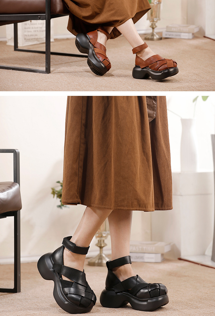 Sandal nữ đế dày thủ công da bò bện dây — màu đen, Màu nâu