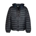 Black-hooded down jacket