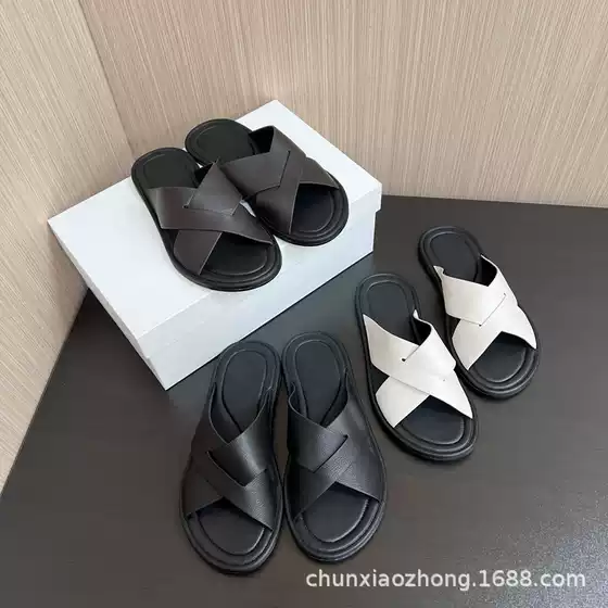 Pure Source Niche Brand 26Th Summer Collection Tr Simple Cross-Strap Slippers for Women, Unisex Cowhide Flat Sandals for Outdoor Wear