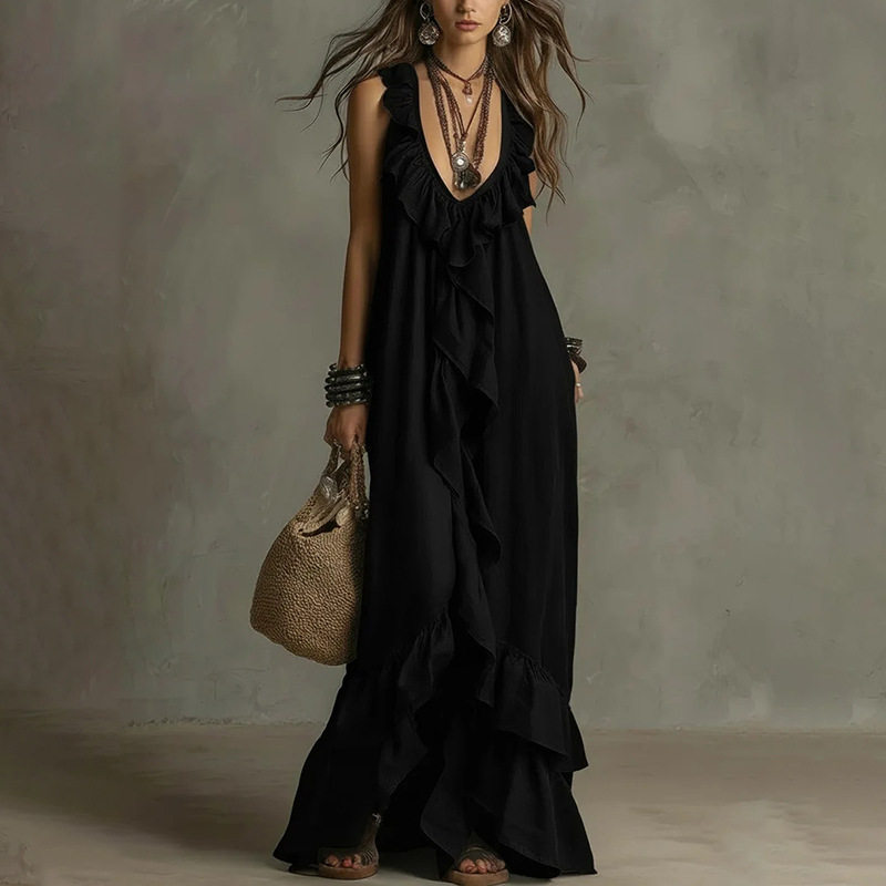 Summer A Line Dress Fashionable Elegant Loose Fit Lace Trim Perfect for Casual Outings or Beach Wear Wholesale