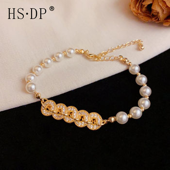 European and American Light Luxury Zircon Copper Coin Pearl Beaded Bracelet Women's Fashion Personality Niche Temperament High-End Jewelry Wholesale