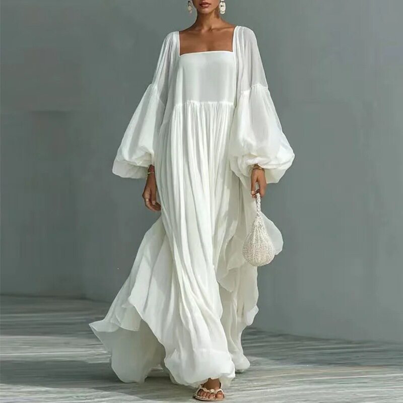 Spring Womens Dress Square Neck Lantern Sleeves Flared Hem Casual Style for Everyday Wear Wholesale Available