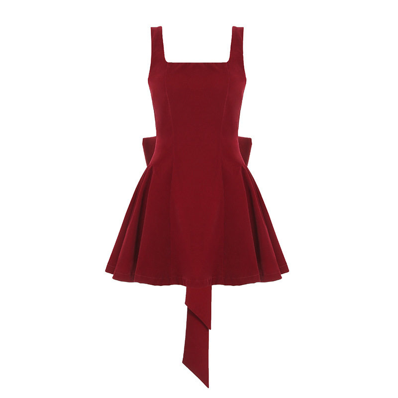 Hot girl sexy red New Year bow backless suspender vest dress short skirt one-shoulder sleeveless dress female trend