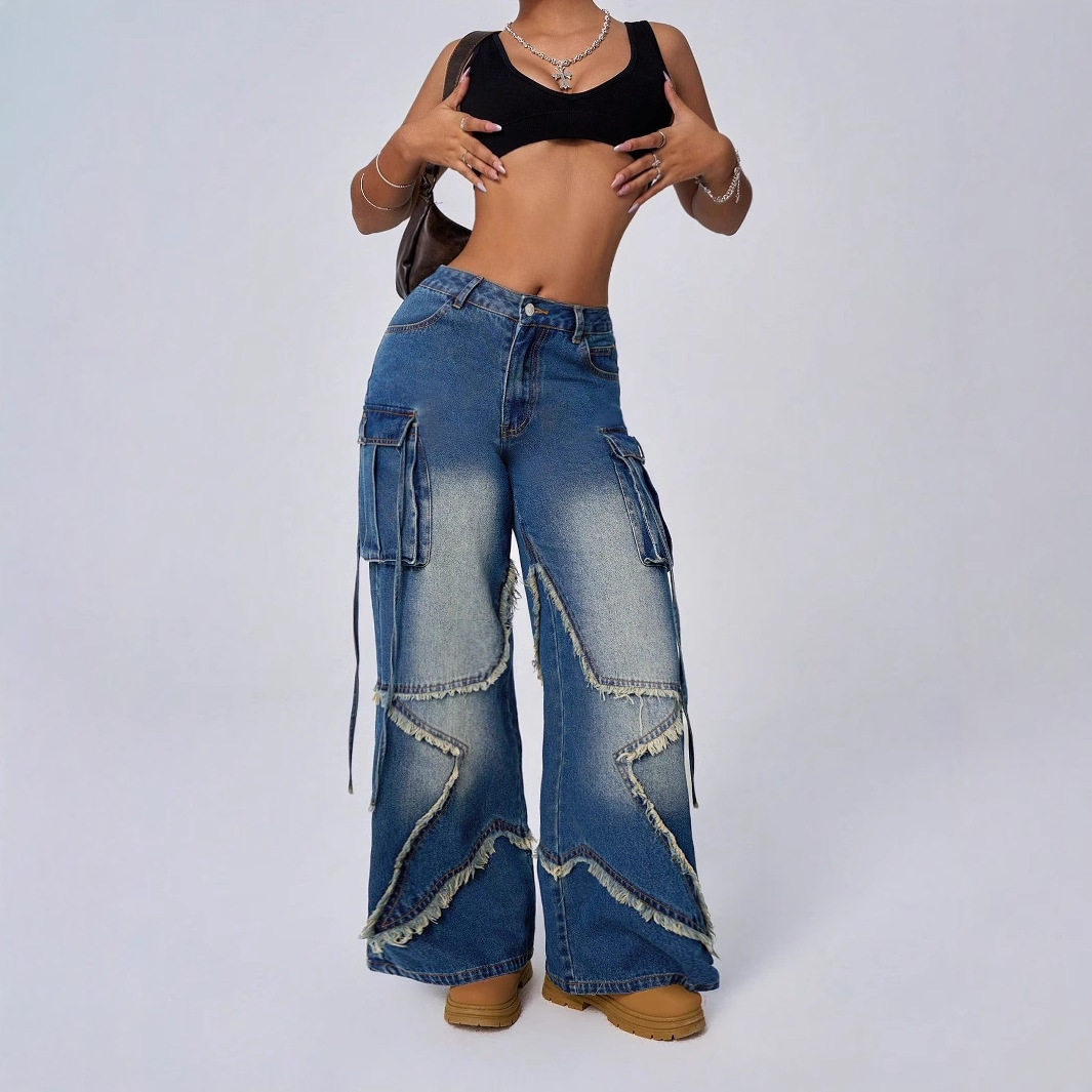 Vintage Star Print Denim Cargo Pants for Women Retro Style Casual Fit Versatile Wear Wholesale Available