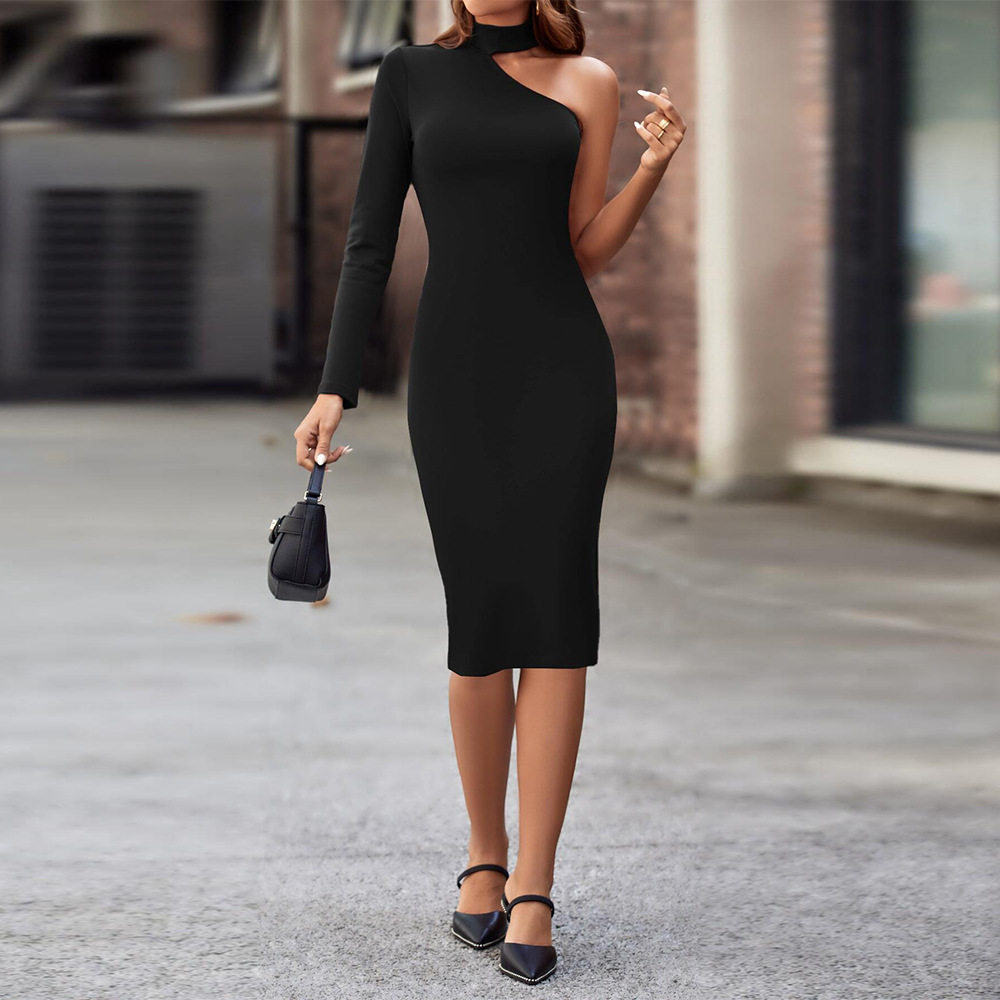 Elegant Womens Dress High Neck Off Shoulder Slim Fit Mid Length Spring Summer Fashion Wholesale Available