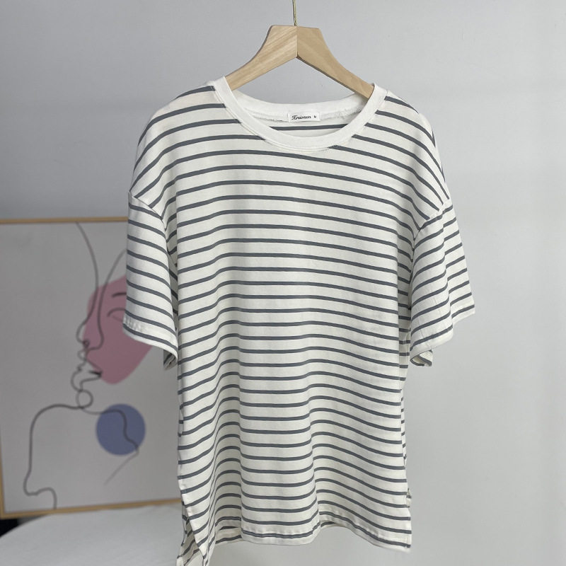 Striped Split Hem T Shirt for Women Loose Fit Short Sleeve Summer Style Casual Wear Wholesale Available