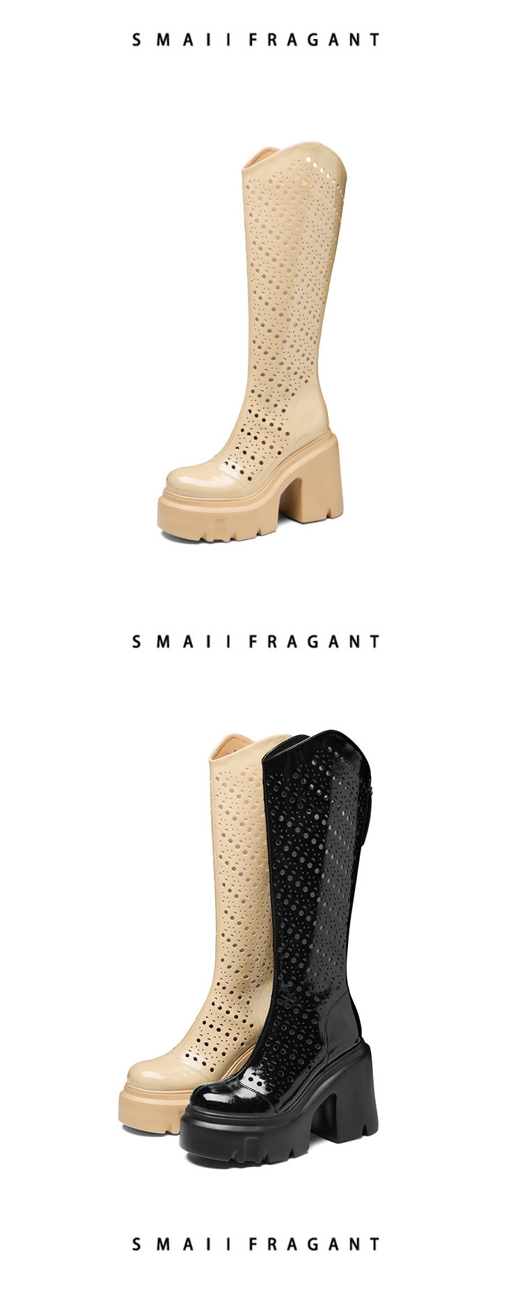 Boot nữ cổ thấp da láng thoáng khí gót cao 8 cm — [Màu hồng đào], [Màu đen] chi tiết 9