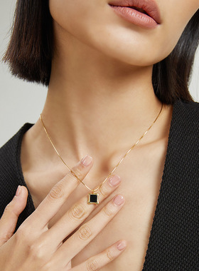 925纯银项链天然黑玛瑙小方糖女级感毛衣链轻奢ins小众饰品青岛