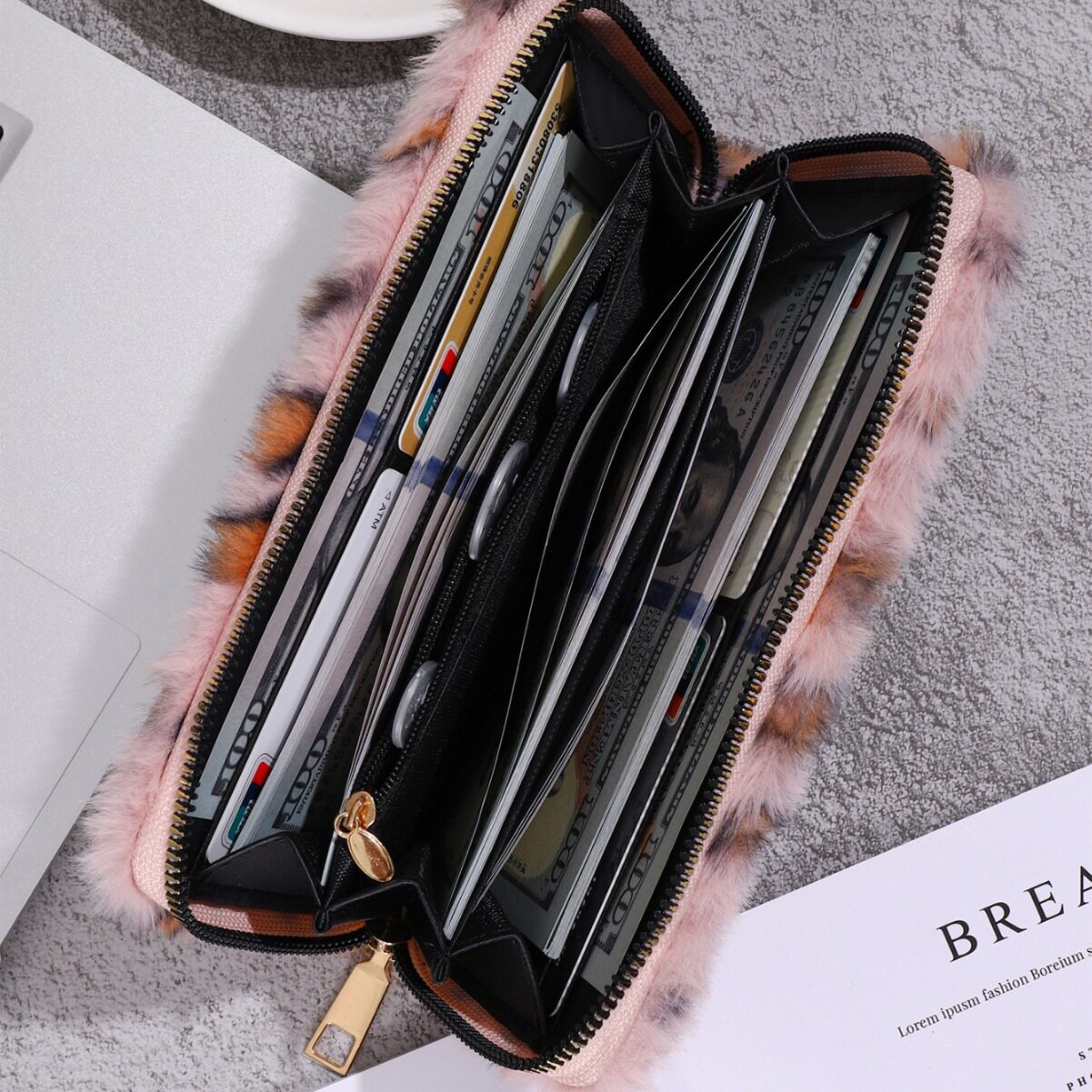 2024 Cross-Border Leopard Print Plush Wallet Personalized Casual Furry Bag Portable Storage Clutch Card Holder