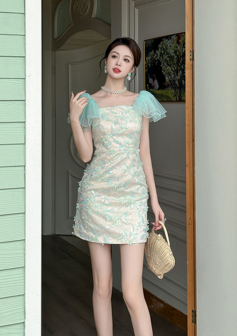 Đầm midi suông tay bồng cổ vuông phong cách Pháp cho nữ teen — [Xanh lá] chi tiết 6