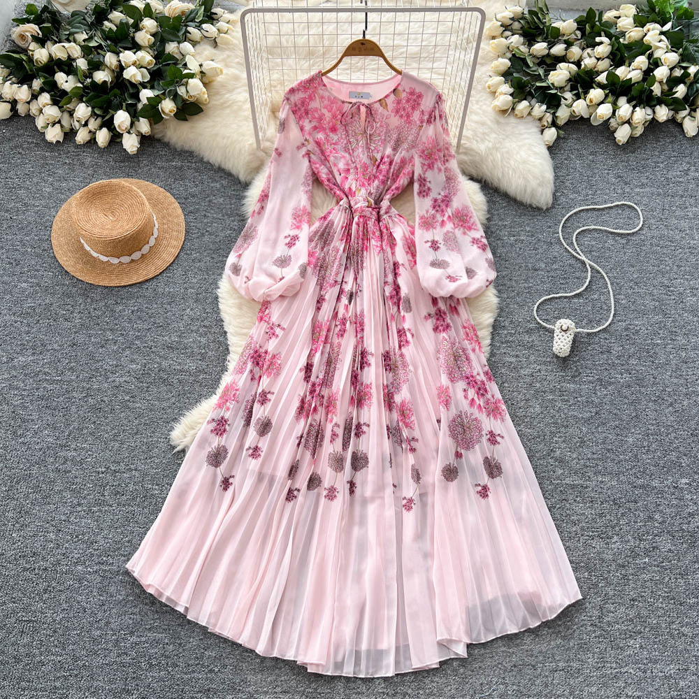 Elegant French Style Womens Dress High End Design Waist Defining Round Neck Lantern Sleeves Floral Print Perfect