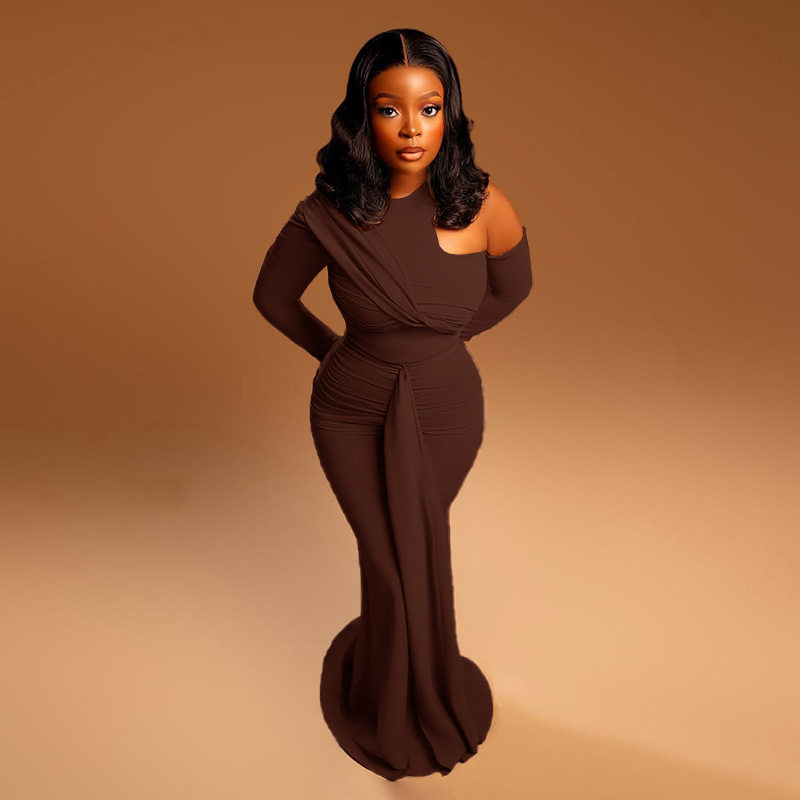 One Shoulder Long Sleeve Bodycon Dress Hollow Out Round Neck Solid Color Tie Detail Elegant Evening Wear Wholesale