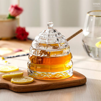 Household storage honey jar spoon storage jar syrup storage glass honey jar Western-style storage jar wood combination creative cone