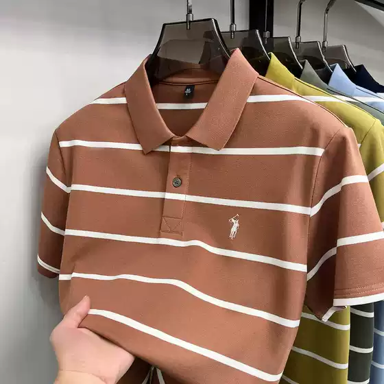 Embroidered Pony Logo Striped High-End Summer Polo Shirt Business Casual Turn-Down Collar Men's Short-Sleeve T-Shirt Polo Shirt