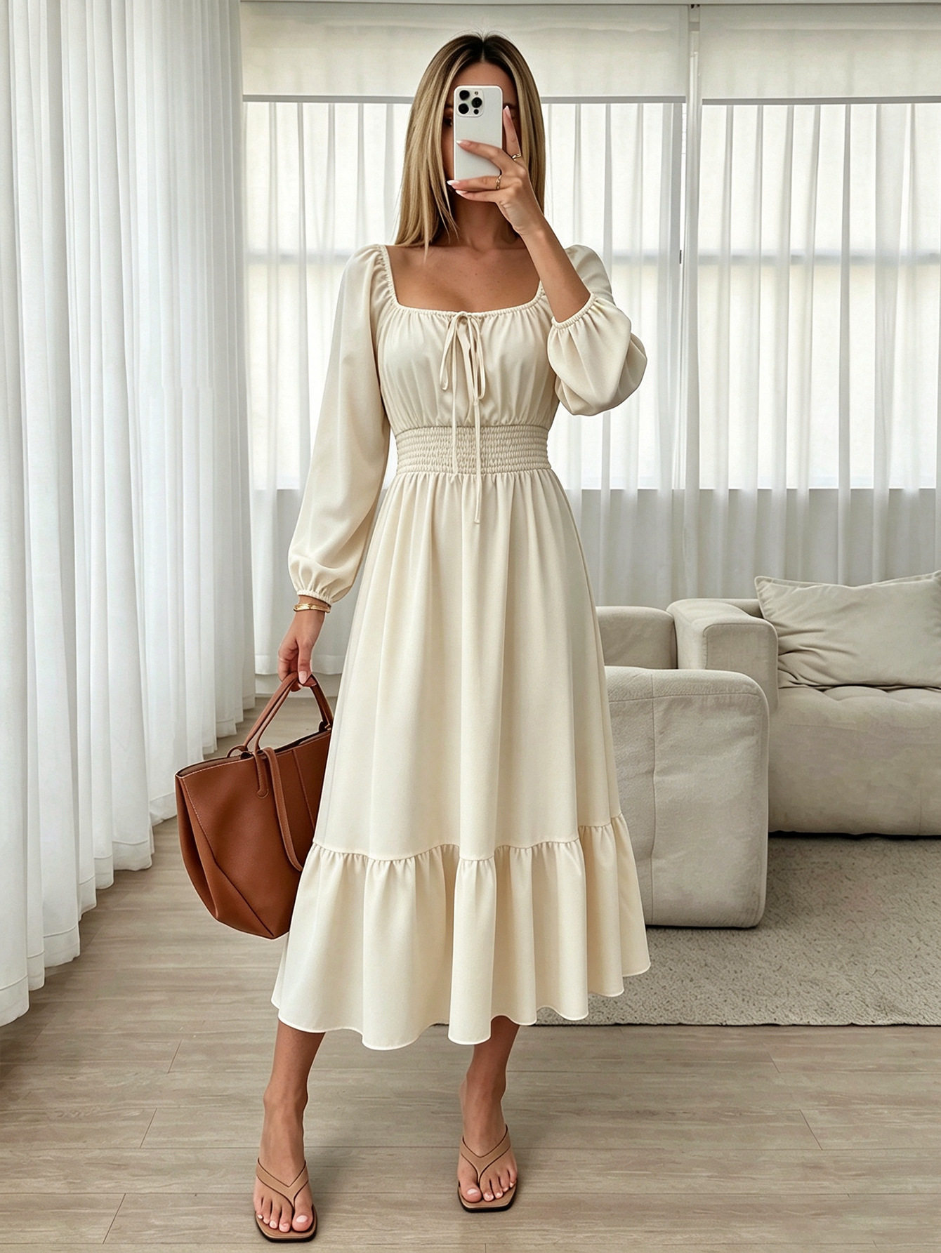 Square Neck Long Sleeve Dress for Women Puff Sleeves Waist Tie Ruffled Hem Slim Fit Perfect for Spring and Summer