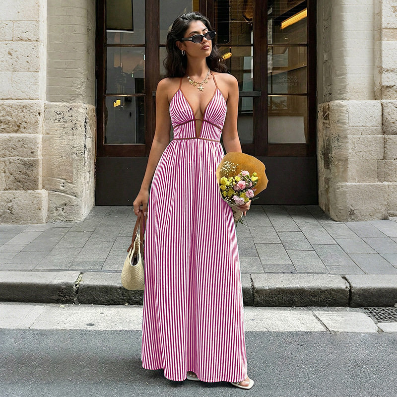 V Neck Striped Backless Dress Fresh Vacation Style Lightweight Fabric Summer Wear Wholesale Available
