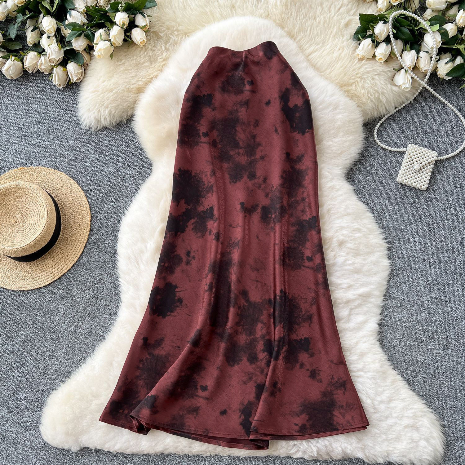 High Waist Satin Midi Skirt for Women Vintage Ink Print Flared Design Summer Casual Wear