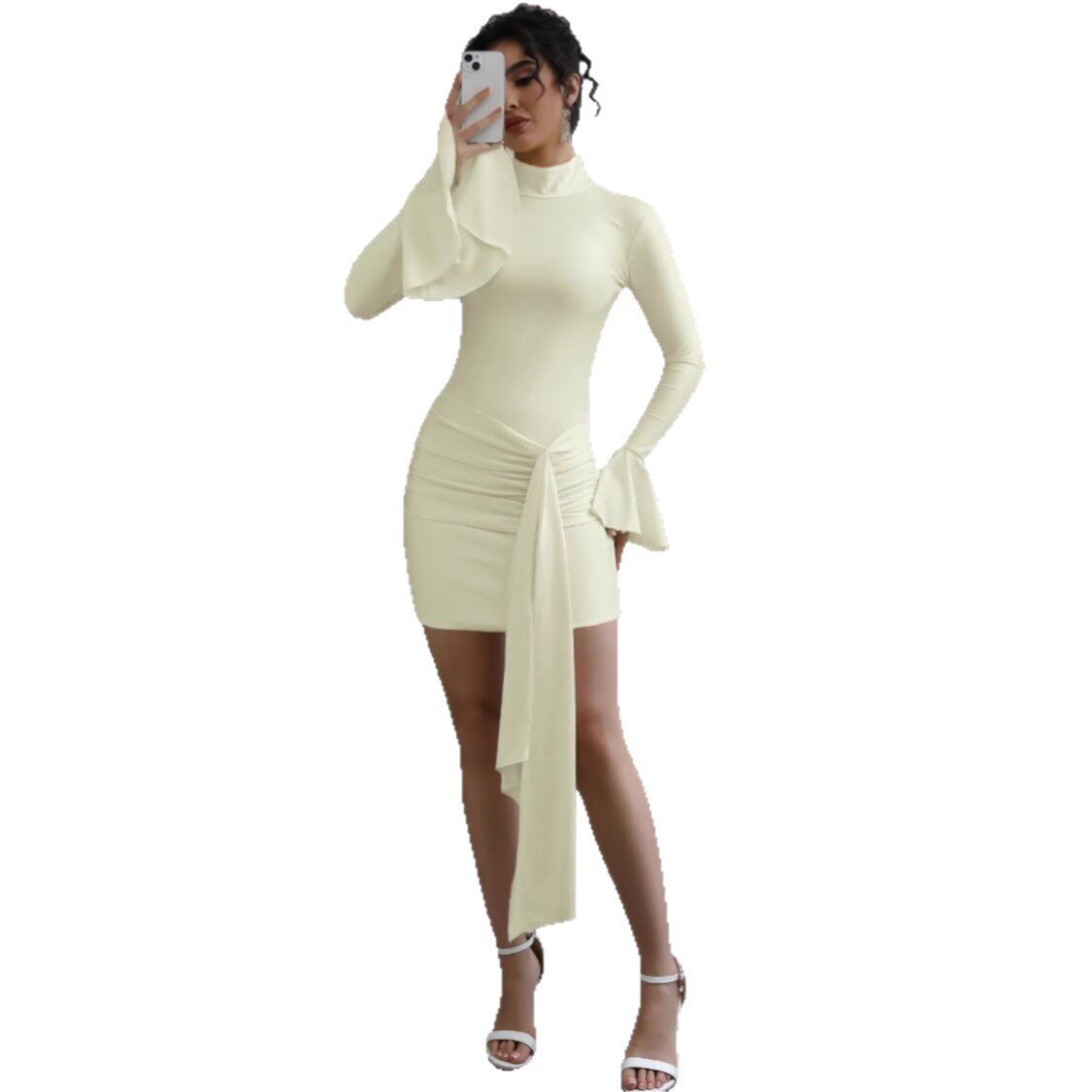 Fashionable Solid Color Bodycon Dress High Neck Flared Sleeves Slim Fit Casual or Evening Wear Wholesale Available