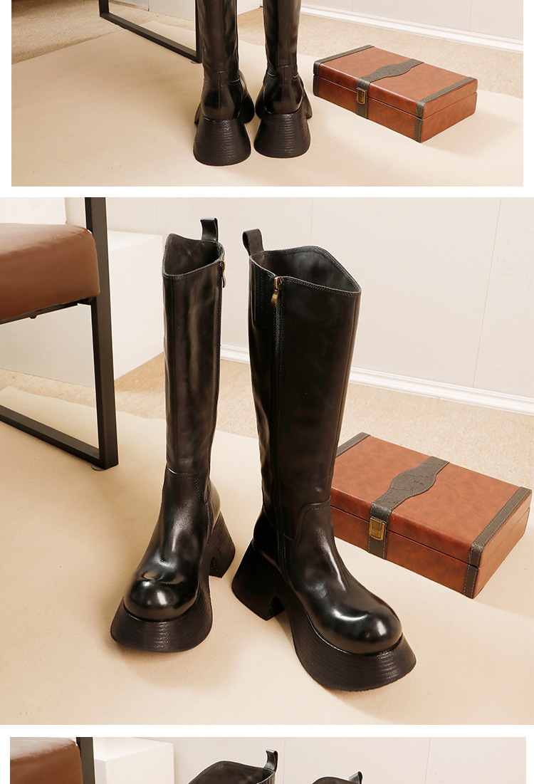 Boot nữ cổ cao da bò thật gót dốc khóa kéo bên — Màu đen