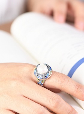 淡水珍珠戒指民族风珐琅彩银指环