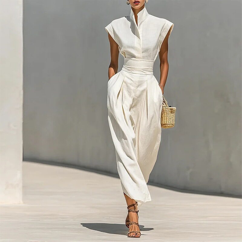 Womens Spring Dress Elegant Solid Color Waist Defining Flutter Sleeves Perfect for Casual or Formal Occasions