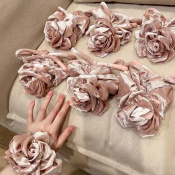 Korean Pink Velvet Rose Bow Flower Hair Tie High-End Ball Head Flower Hair Accessories Headband