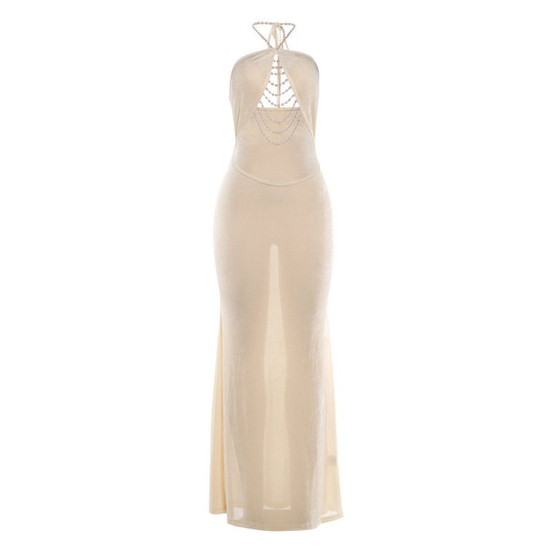 Summer Womens Backless Bodycon Dress Pearl Decor Halter Neck Sexy Fit Perfect for Parties and Night Out Wholesale
