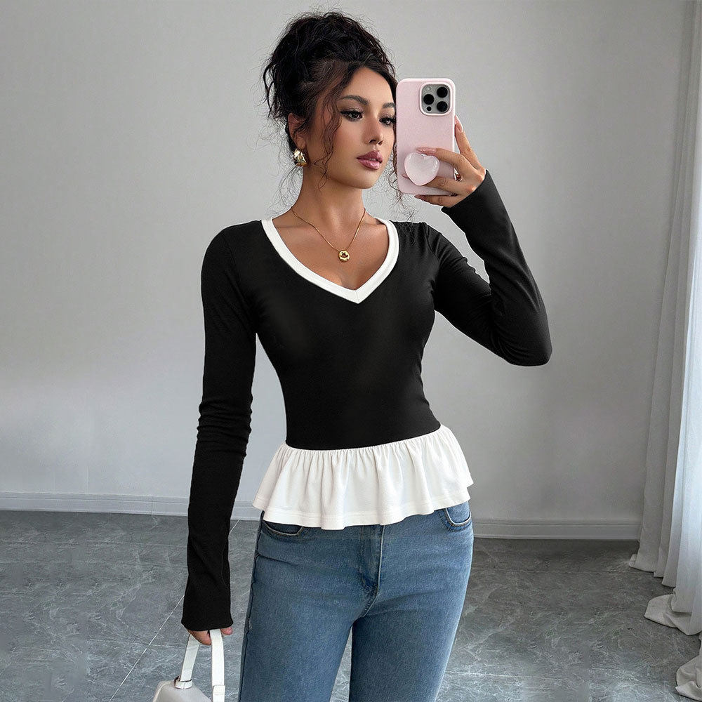 Color Block Long Sleeve T Shirt Slim Fit Lace Detail Round Neck Spring Summer Casual Wear Wholesale Available