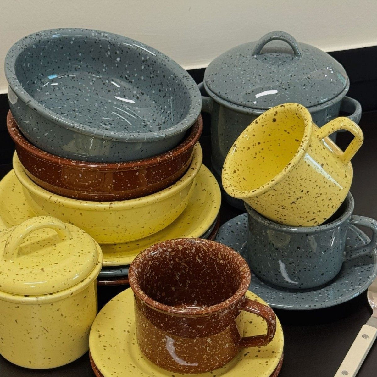 Splash-Ink Retro Simple Ceramic Rice Bowl Soup Bowl Shallow Dish Plate Ceramic Tableware Set Household Imitation Enamel Style