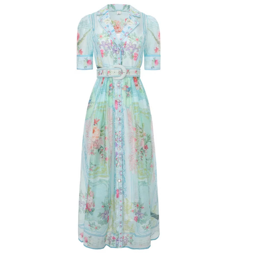 French Floral Print Blazer Dress Three Quarter Sleeve Single Breasted Waist Defined Flared Hem Spring Fall Vacation