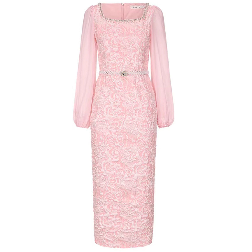 Elegant Purple Lace Dress with Puff Sleeves Rhinestone Detail Slim Fit Midi Length Perfect for Formal Occasions
