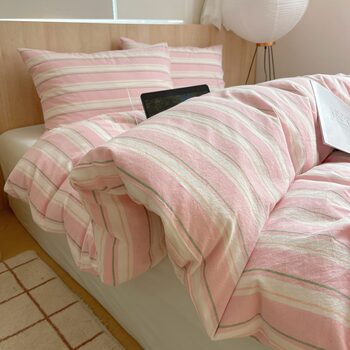 Wholesale Ins Japanese Simple Double Stripesd Pure Cotton Four-Piece Set Scandinavian Style Pure Cotton Yarn-Dyed Washed Cotton 4-Piece Set