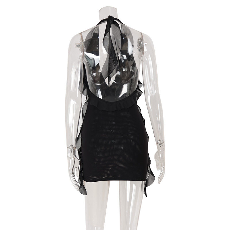 French Inspired Backless Halter Dress Ruffled Hem Asymmetrical Design Sexy Fit Perfect for Summer Vacations OEM