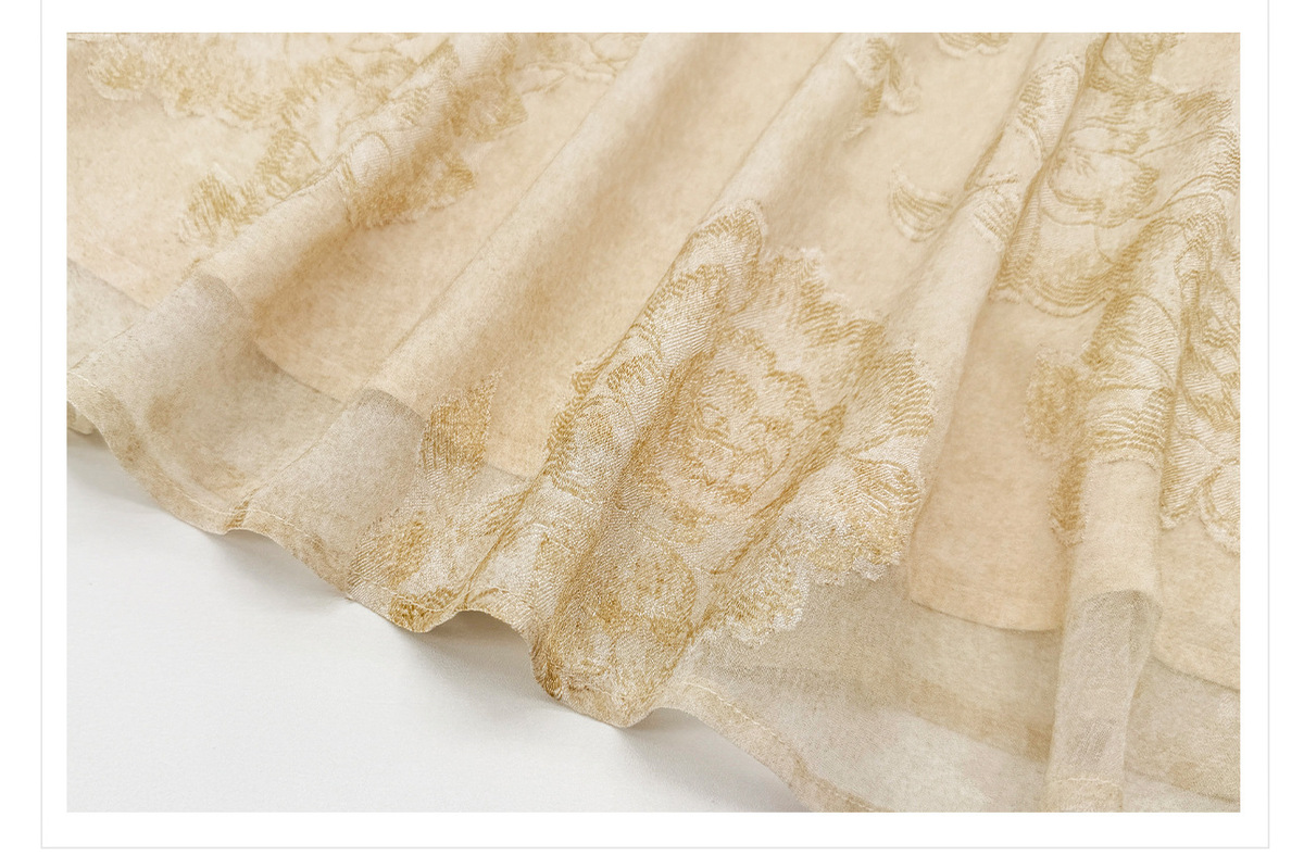 Đầm yếm nữ dáng suông cổ đứng họa tiết hoa vải jacquard — Màu vàng gừng