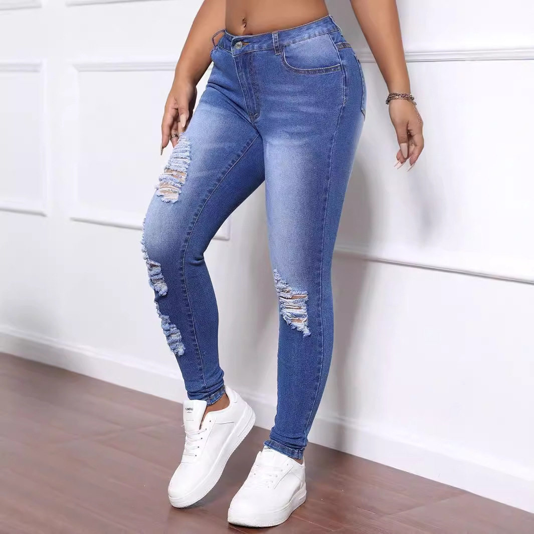 Skinny Jeans High Elasticity Distressed Design Versatile Fit Womens Casual Wear Wholesale Available