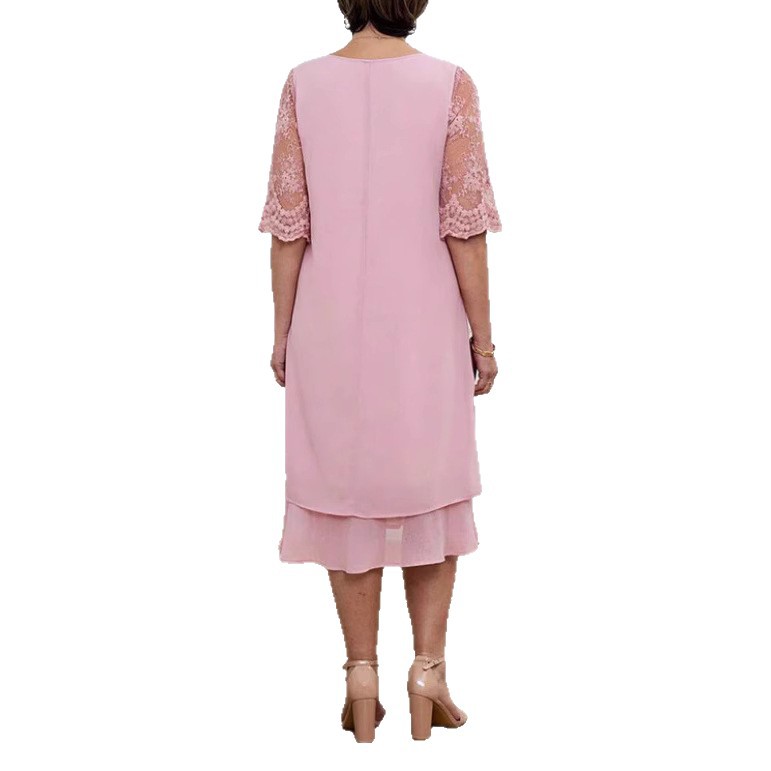 Elegant Solid Color Lace Dress with Half Sleeves Round Neck Floral Trim Autumn Fashion Wholesale Available