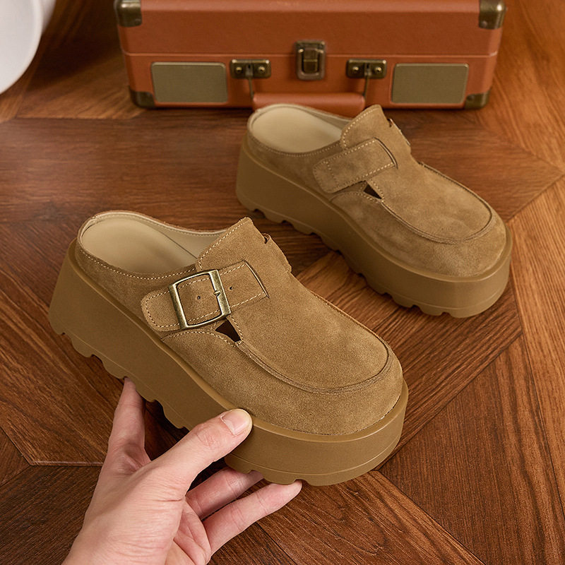 Dép sandal nữ đế platform da bò thật phong cách Birkenstock — Lạc đà, Mơ