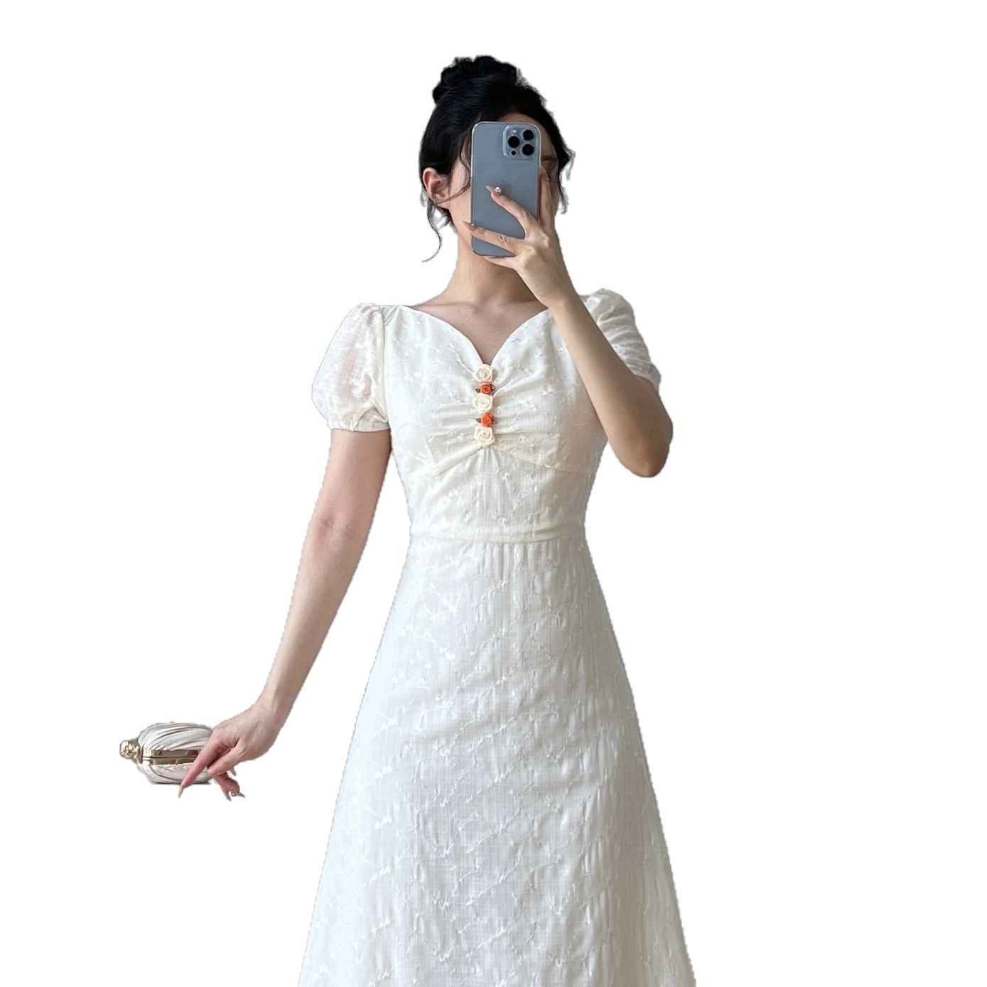 French Style Summer Dress Lightweight Waist Defining V Neck Elegant Design Perfect for Casual Outings Wholesale