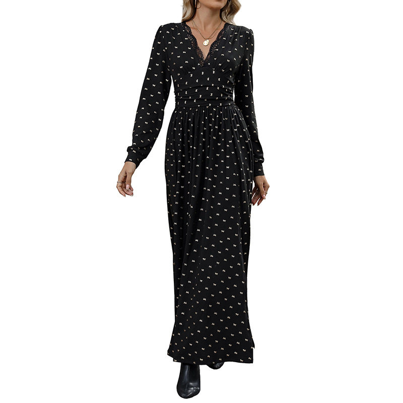 Elegant Vintage Lace V Neck Dress with Bow and Floral Print Womens Fashion Perfect for Parties and Special Occasions