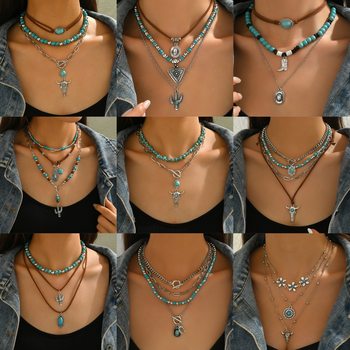 Cross-Border Hot-Selling European and American Western Cowboy Style Necklace Set Retro Bull Head Turquoise Velvet Hat Neck Rope Clavicle Chain