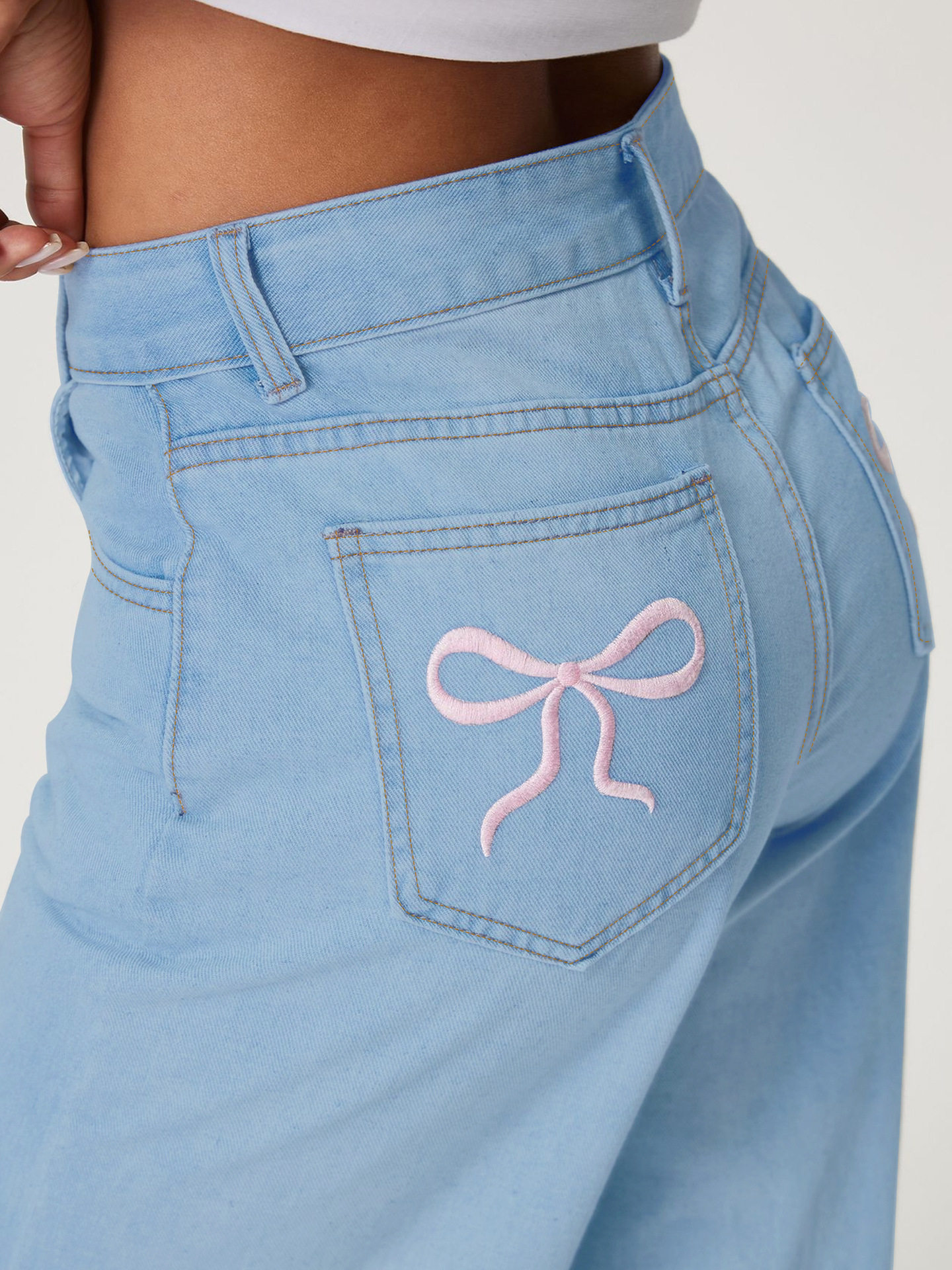 Embroidered Denim Jeans with Bow Detail Fashionable Trendy Design Womens Casual Wear Wholesale Available