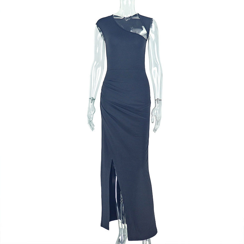 Asymmetrical Hollow Out Bodycon Dress Solid Color Slim Fit Long Length Evening Party Gown Wholesale Available