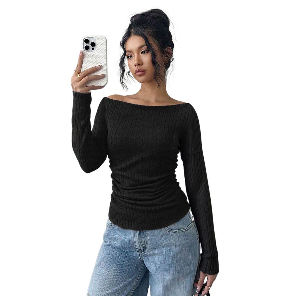 V Neck Long Sleeve Ribbed Knit Top Soft Fabric Slim Fit Solid Color Casual Wear for Women Wholesale Available