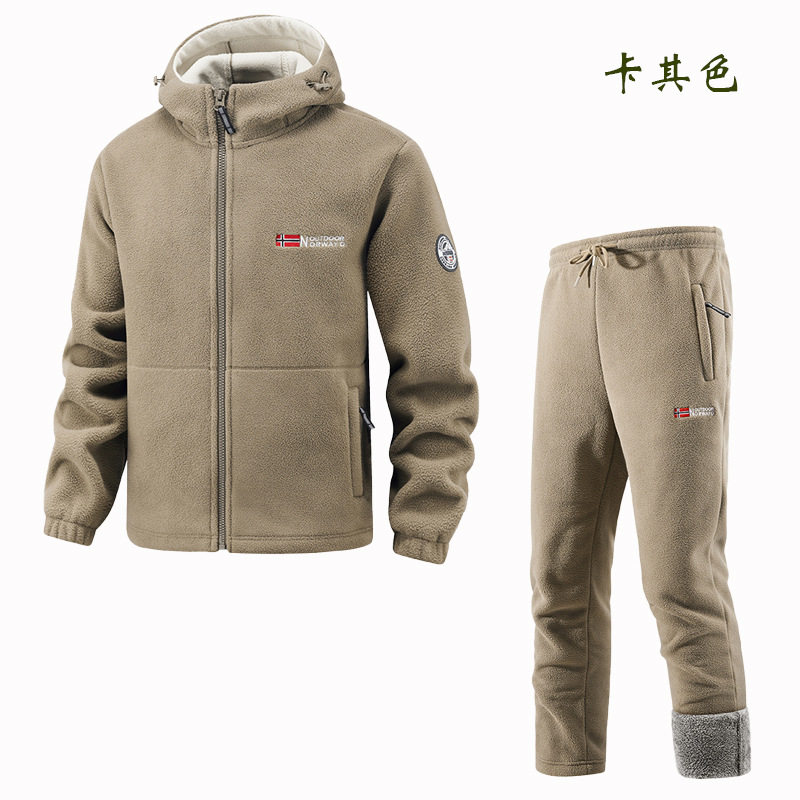 出口挪威大码保暖加厚双层带帽摇粒绒外贸跨境欧码加绒卫衣卫裤潮