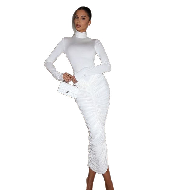 High Neck Long Sleeve Bodycon Dress Ruched Design Waist Cinching Solid Color Autumn Fashion for Women Wholesale