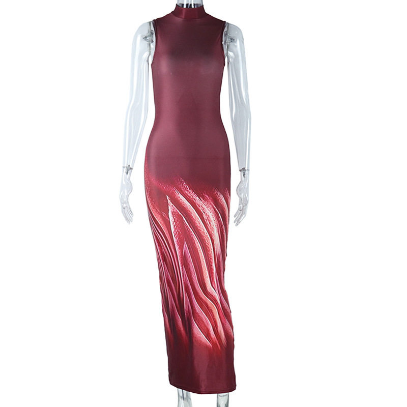 Sleeveless Stand Collar Dress Fashionable Floral Print Mid Length Sexy Elegant Bodycon Style Perfect for Parties